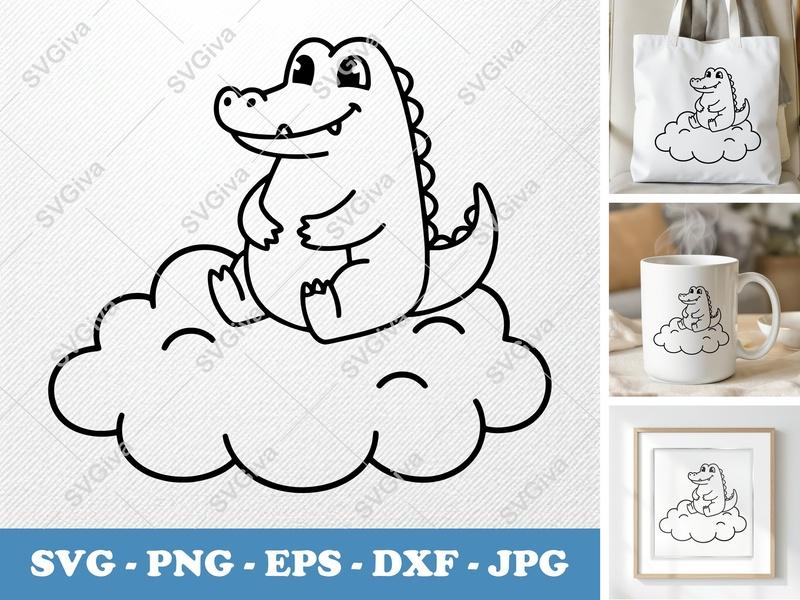 Crocodile SVG, Cute Alligator Sitting on Cloud Cut File | PNG EPS DXF for Cricut & Silhouette, Kawaii Animal Clipart