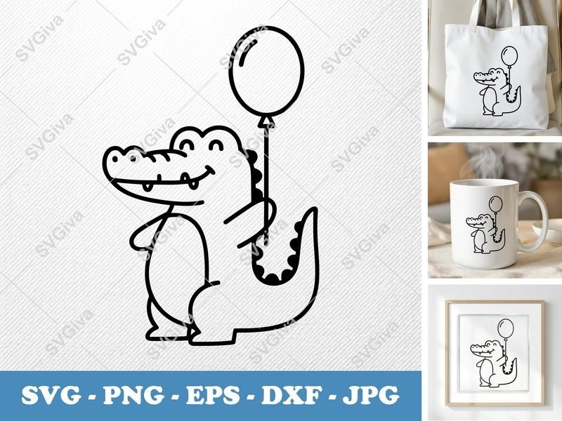 Crocodile SVG, Cute Alligator with Balloon, Cartoon Animal Cut File for Cricut | PNG EPS DXF | Kids Birthday Party Design