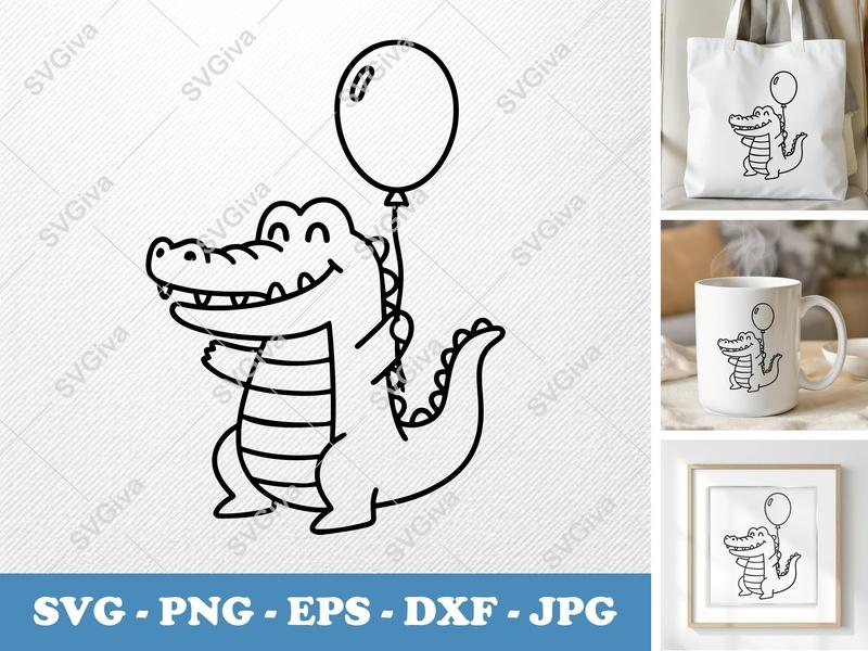 Crocodile SVG, Cute Alligator with Balloon Cut File | PNG EPS DXF for Cricut & Silhouette, Modern Animal Clipart Vector