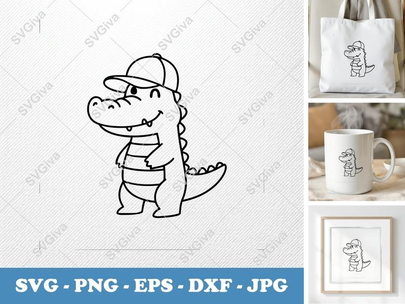 Crocodile SVG | Cute Alligator with Baseball Cap | Cartoon Animal Cut File for Cricut, Silhouette | PNG, EPS, DXF Included