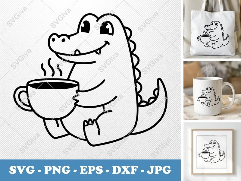 Crocodile SVG, Cute Alligator with Coffee Cup, Animal Drink Lover PNG EPS DXF for Cricut Silhouette