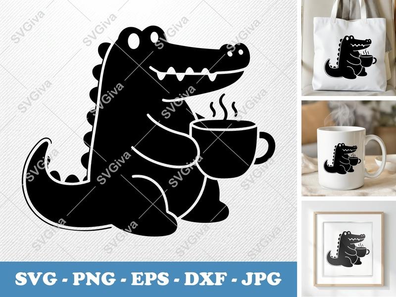Crocodile SVG, Cute Alligator with Coffee Cup Cut File, Modern Animal PNG EPS DXF for Cricut, Silhouette, Mug Design
