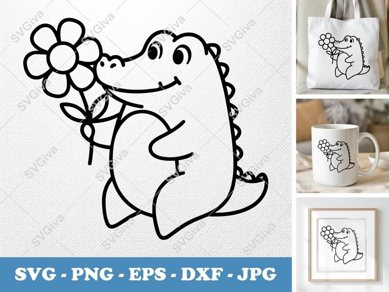 Crocodile SVG | Cute Alligator with Flower Cut File | PNG EPS DXF for Cricut Silhouette, Kids Animal Clipart, Baby Dino Design