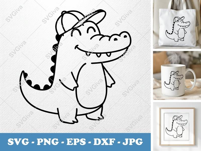 Crocodile SVG, Cute Alligator with Hat | Cartoon Animal PNG EPS DXF | Cricut Silhouette File, Kids Design