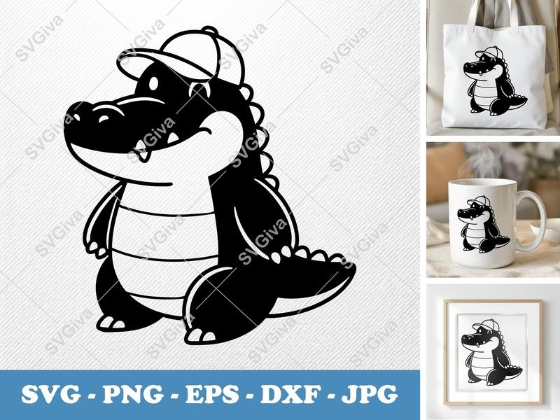 Crocodile SVG, Cute Alligator with Hat Cut File, Modern Animal Clip Art | PNG EPS DXF for Cricut Silhouette