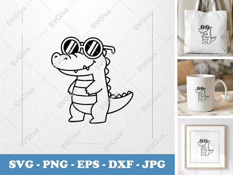 Crocodile SVG, Cute Alligator with Sunglasses Cut File, Modern Animal PNG, EPS, DXF for Cricut & Silhouette
