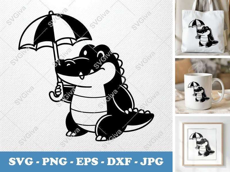 Crocodile SVG | Cute Alligator with Umbrella Cut File | Modern Cartoon Animal PNG EPS DXF for Cricut & Silhouette
