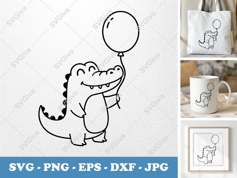Crocodile SVG Cute Balloon, Happy Alligator Digital Download, PNG EPS DXF for Cricut, Silhouette, Kids Animal Cut File
