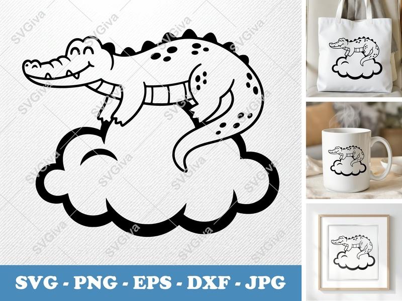 Crocodile SVG Cute Cloud Design | Alligator Cut File, Baby Animal PNG, EPS, DXF for Cricut, Silhouette