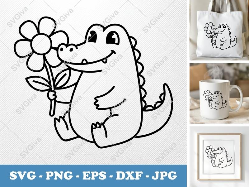 Crocodile SVG, Cute Crocodile with Flower, Cartoon Alligator Cut File | PNG EPS DXF | Cricut Silhouette Design