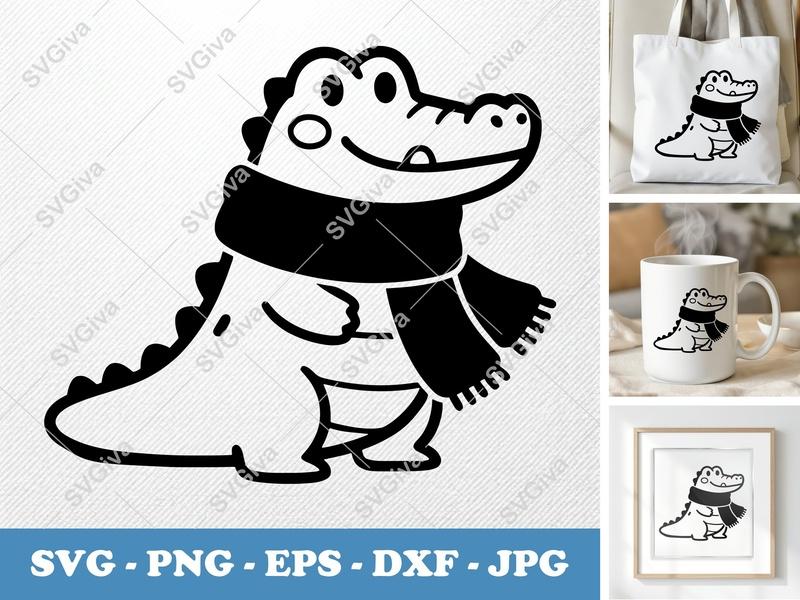 Crocodile SVG, Cute Crocodile with Scarf Cut File, Funny Alligator Vector | PNG EPS DXF for Cricut, Silhouette