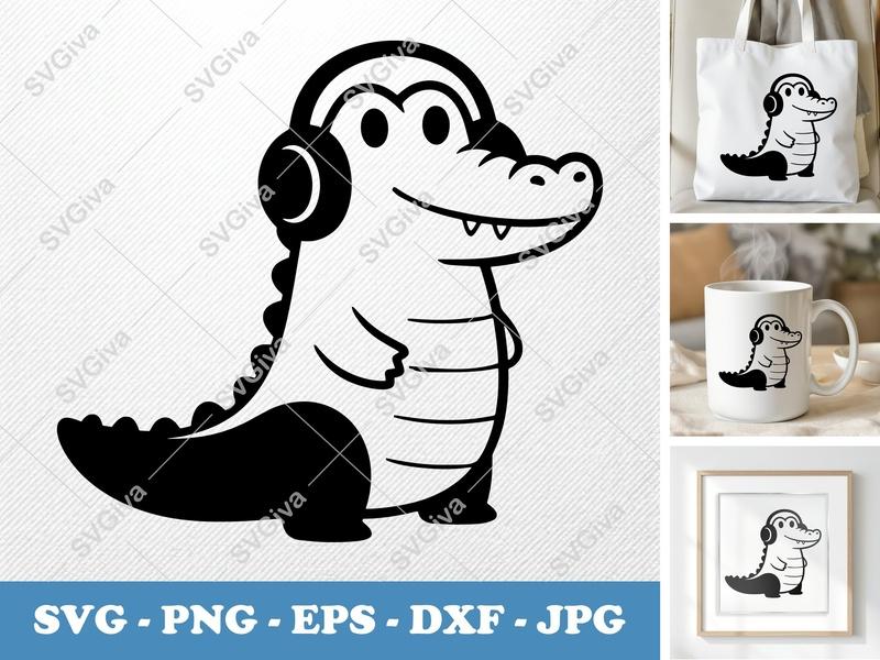 Crocodile SVG Cute Headphone Alligator Cut File | PNG EPS DXF | Cricut Silhouette Vector Art | Baby Animal Vinyl Decal