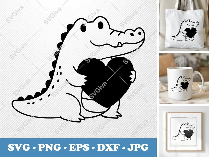 Crocodile SVG Cute Heart Design | Kawaii Alligator PNG EPS DXF for Cricut & Silhouette | Animal Love Cut File