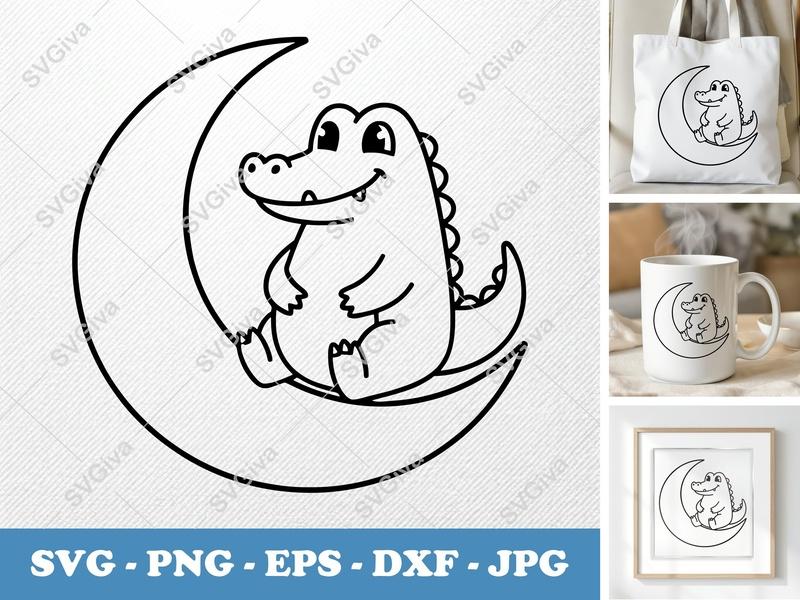 Crocodile SVG Cute Moon Design | Cartoon Alligator Cut File | PNG EPS DXF for Cricut & Silhouette, Baby Nursery Art