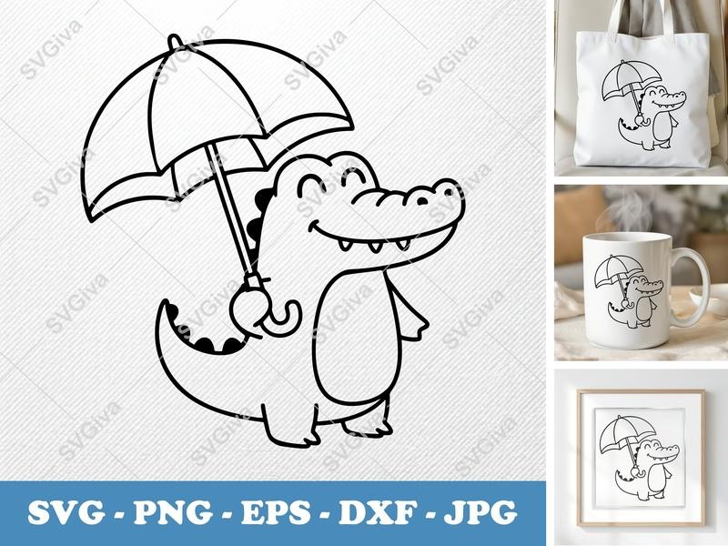 Crocodile SVG Cute Umbrella Outline, Alligator Clipart, Digital Download PNG EPS DXF | Cricut & Silhouette Cut File