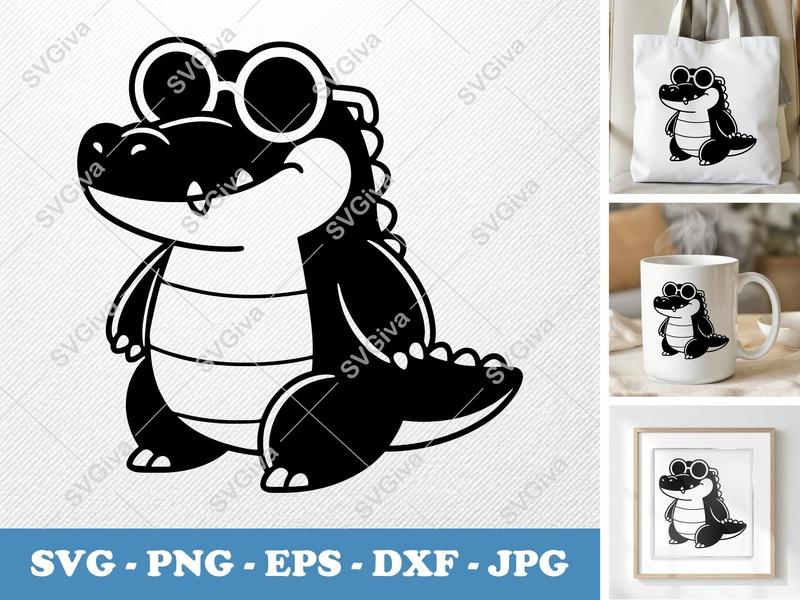 Crocodile SVG Cute Wearing Sunglasses | Cartoon Alligator Cut File | PNG EPS DXF for Cricut Silhouette