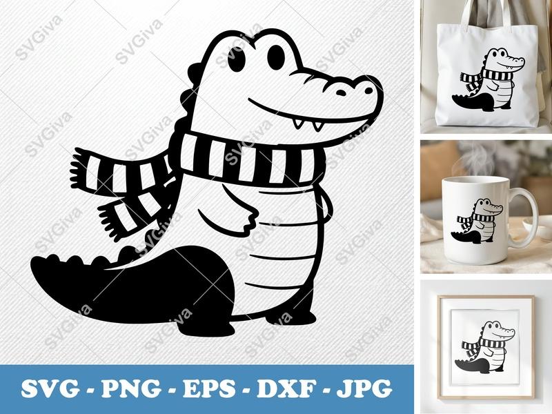 Crocodile SVG Cute Winter Scarf, Cartoon Alligator Cut File, EPS DXF PNG for Cricut & Silhouette