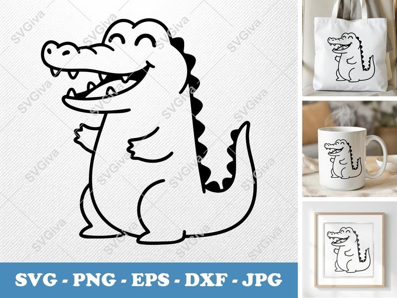 Crocodile SVG | Happy Alligator Cut File | Cartoon Reptile PNG, EPS, DXF for Cricut, Silhouette | Kids Animal
