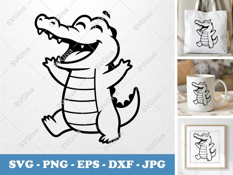 Crocodile SVG, Happy Cartoon Alligator Cut File, PNG EPS DXF for Cricut & Silhouette, Smiling Croc Vector Art
