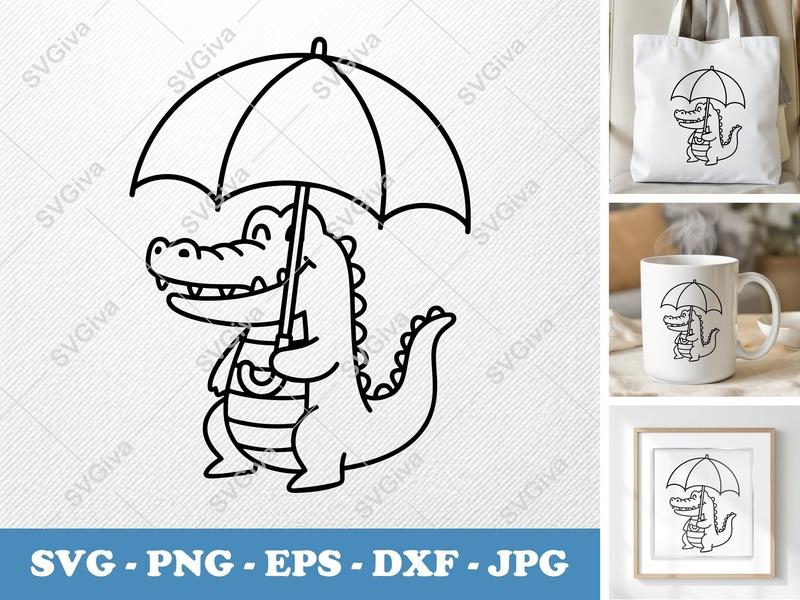 Crocodile SVG holding umbrella | Cute Alligator Clipart, Cartoon Animal Cut File for Cricut, Silhouette | PNG EPS DXF Vector