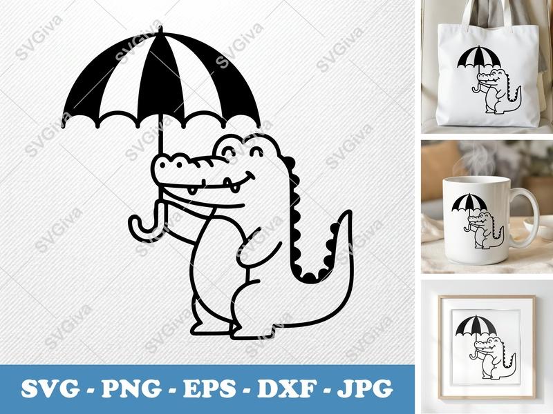 Crocodile SVG holding umbrella | Cute Alligator Cut File, Cartoon Reptile PNG, EPS, DXF for Cricut, Silhouette, Kids Crafts
