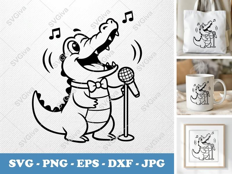 Crocodile SVG, Singing Gator Clipart, Cute Alligator with Microphone, PNG EPS DXF for Cricut Silhouette, Music Animal Cut File