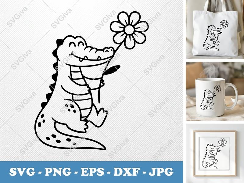 Crocodile SVG with Flower | Cute Alligator Design, Modern Cartoon, Funny Animal | PNG EPS DXF for Cricut, Silhouette