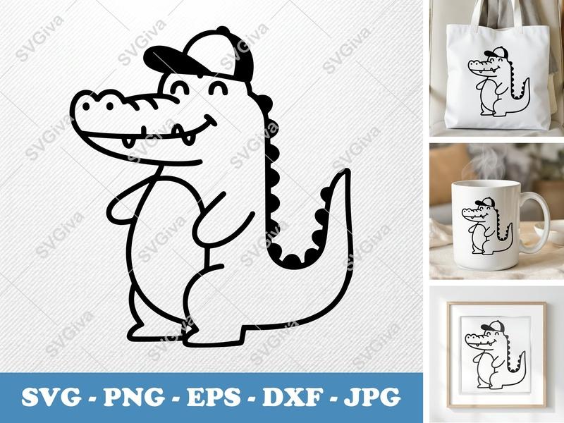 Crocodile SVG with Hat | Cute Alligator Clipart, Cartoon Animal Cut File | PNG EPS DXF for Cricut, Silhouette