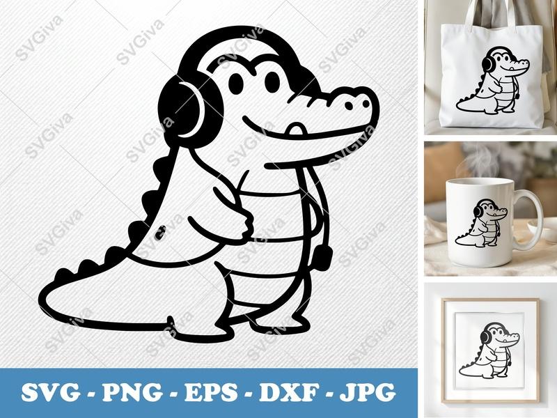 Crocodile SVG with Headphones, Cute Alligator Cut File, Modern Animal Clipart | PNG EPS DXF for Cricut & Silhouette