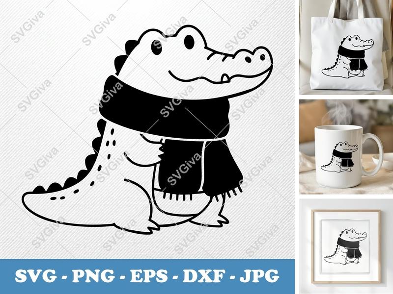 Crocodile Wearing a Scarf SVG PNG DXF EPS | Cute Animal Cut File Cricut Silhouette