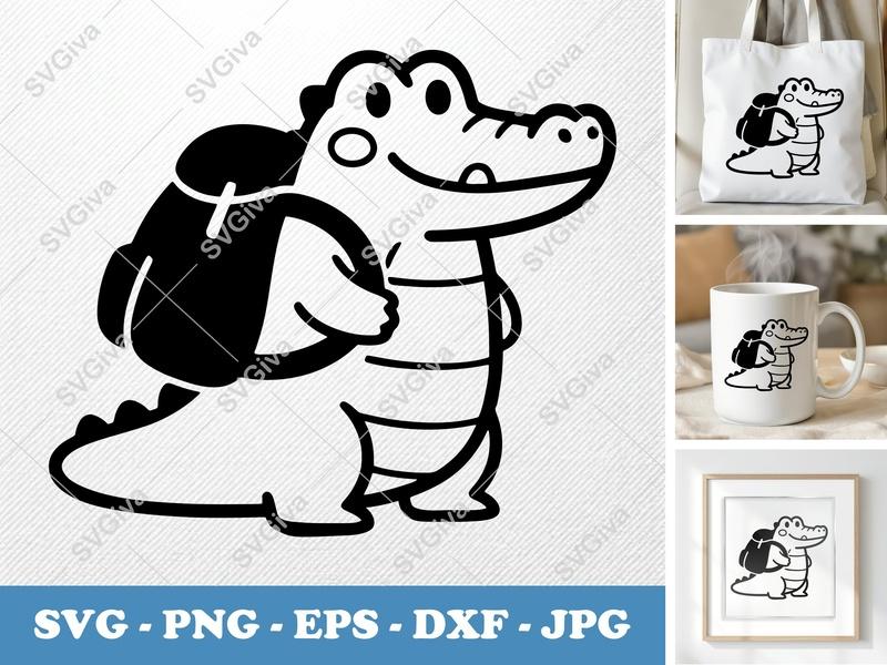 Crocodile Wearing Backpack SVG | Puffy Soft Forms | PNG DXF EPS | Cricut Silhouette Cut File