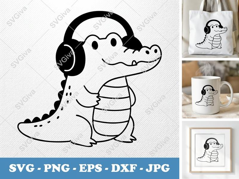 Crocodile Wearing Headphones SVG PNG DXF EPS | Cricut Silhouette Cut File Vector Print