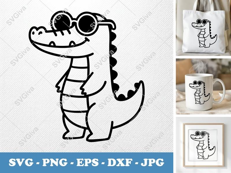Crocodile Wearing Sunglasses SVG | Friendly Bean-Shaped Design | PNG DXF EPS | Cricut Silhouette Cut File