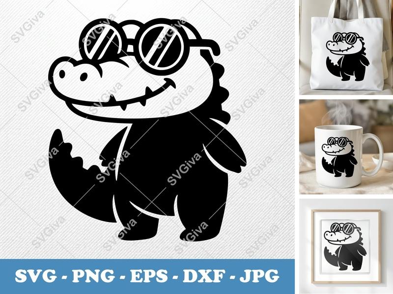 Crocodile wearing sunglasses SVG | Puffy Soft Shapes | Inflated Look | PNG DXF EPS | Cricut Silhouette File