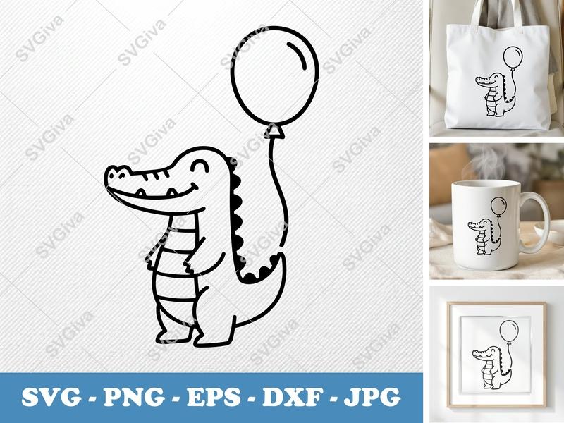 Crocodile with Balloon SVG | Friendly Bean-Shaped Cut File | Rounded Body Design | PNG DXF EPS | Cricut Silhouette