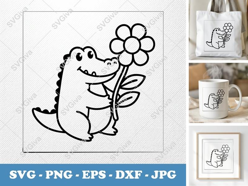 Crocodile with Flower SVG | Friendly Rounded Body Bean-Shaped Cut File | PNG DXF EPS for Cricut Silhouette