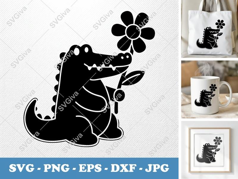 Crocodile with Flower SVG | Puffy Cartoon Style Cut File | PNG DXF EPS for Cricut & Silhouette
