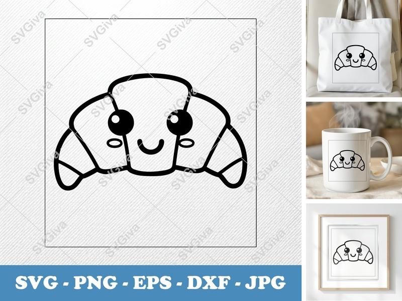 Croissant Kawaii SVG, Cute Bakery Clipart, Cartoon Food PNG, EPS, DXF for Cricut, Silhouette, Outline Vector Cut File
