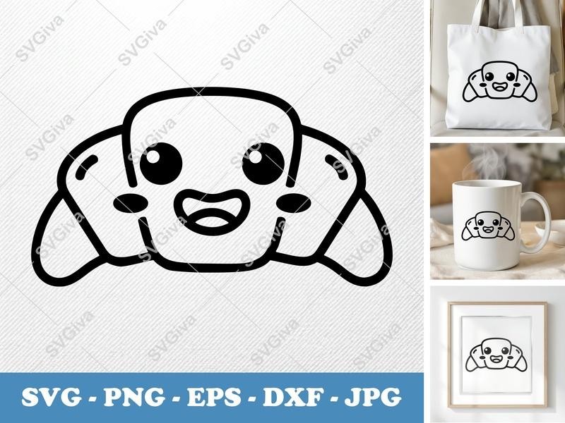 Croissant Kawaii SVG, Cute Pastry PNG, Smiling Food EPS, Bakery DXF | Cricut & Silhouette Cut File