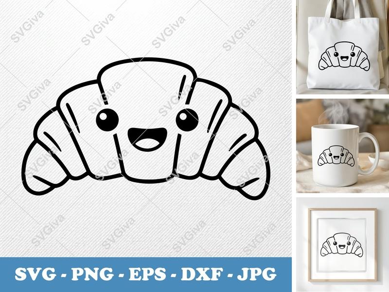 Croissant SVG, Cute Kawaii Croissant Face, Bakery Food PNG, EPS, DXF for Cricut & Silhouette, Breakfast Cut File