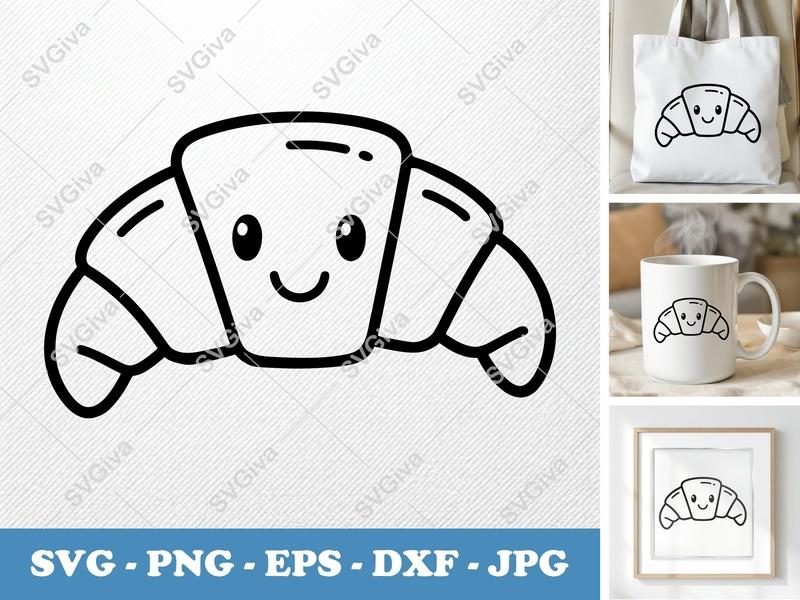 Croissant SVG, Cute Kawaii Pastry Cut File, Food PNG EPS DXF for Cricut, Silhouette, Bakery Clipart, Digital Download
