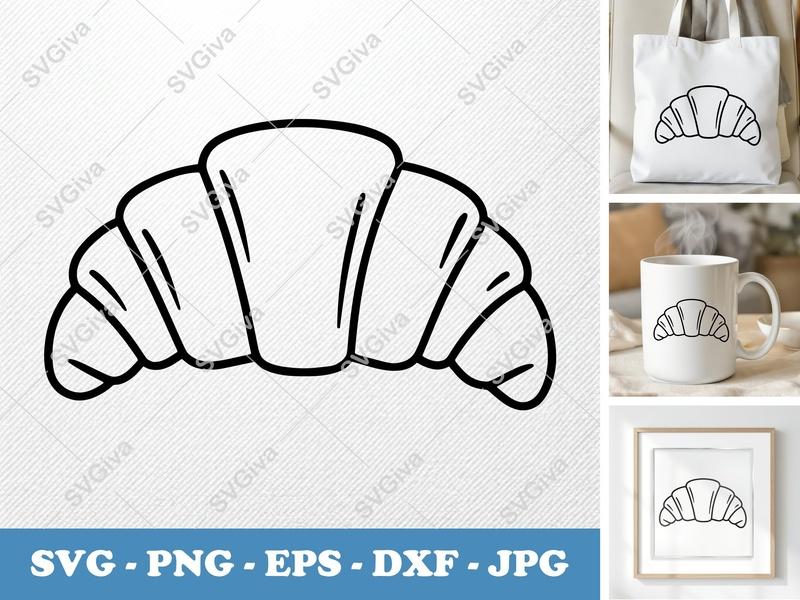 Croissant SVG, Minimalist Outline Cut File, Bakery Food PNG EPS DXF for Cricut & Silhouette, Kitchen Decor Clipart