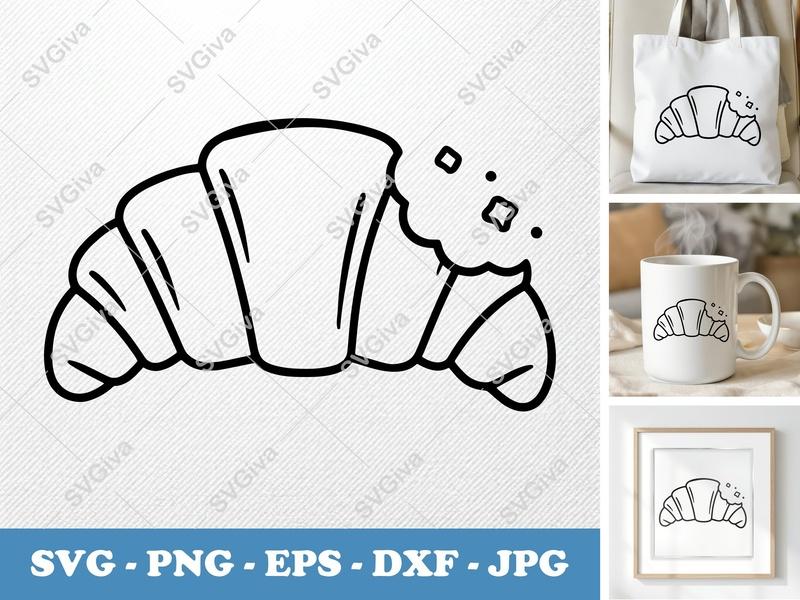Croissant SVG, Modern Baked Pastry Cut File, Bitten Food PNG EPS DXF for Cricut, Silhouette, Bakery Art, Snack