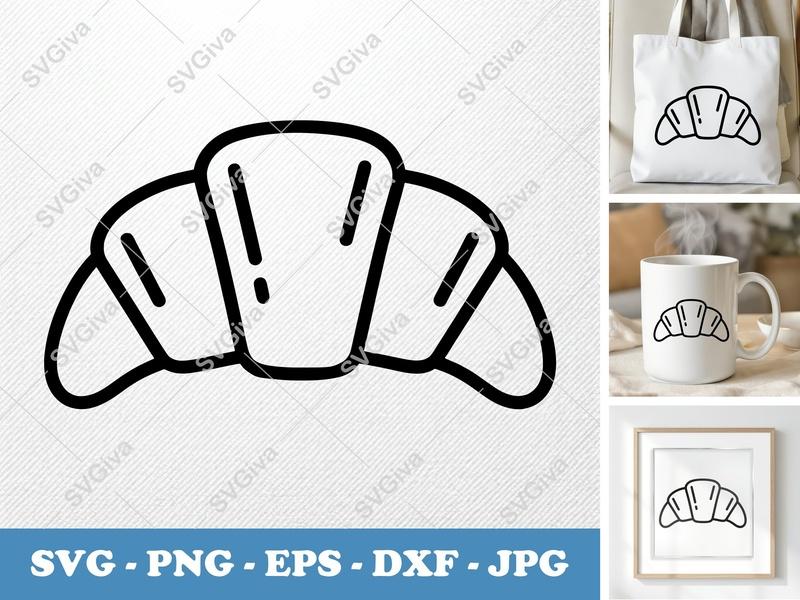 Croissant SVG, Modern Bakery Clip Art, Food Outline, PNG EPS DXF for Cricut & Silhouette, Kitchen Decor, Pastry Design