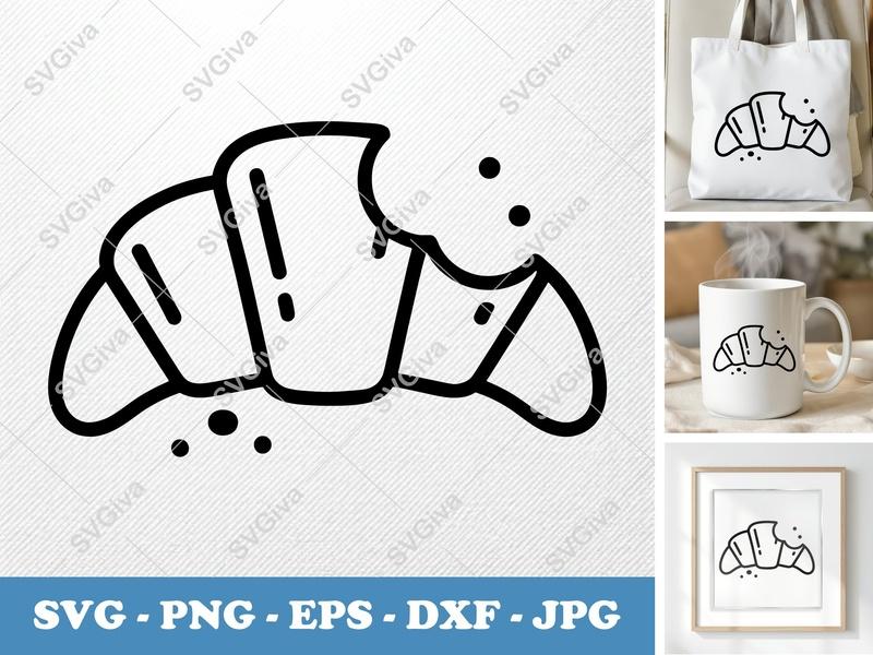 Croissant SVG, Modern Minimalist Bite Mark PNG, EPS, DXF | Cricut Silhouette Cut File, Bakery Icon