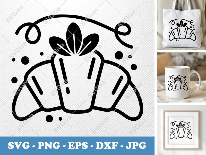 Croissant SVG | Modern Simple Bakery Icon | Leaves & Swirl | PNG EPS DXF for Cricut & Silhouette | Food Pastry Cut File