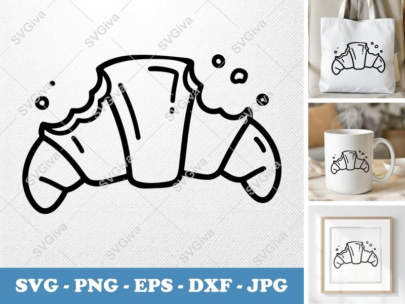 Croissant SVG Outline Bitten | Modern Sketch Food PNG EPS DXF | Cricut Silhouette File | Bakery Clip Art