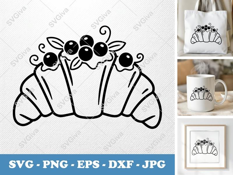 Croissant SVG with Berries & Leaves | Modern Bakery Cut File | PNG EPS DXF for Cricut, Silhouette