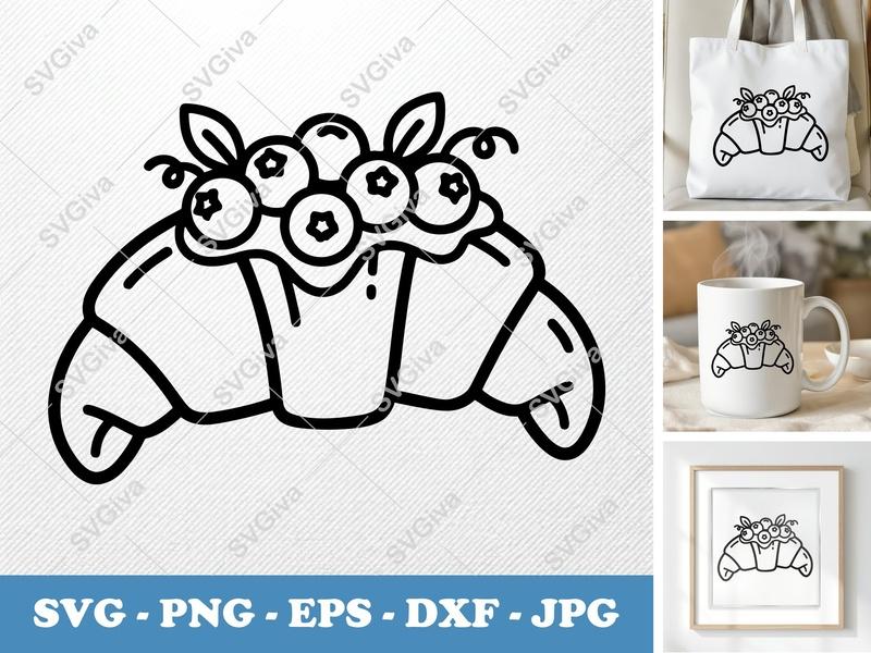 Croissant SVG with Blueberries, Modern Bakery Outline, PNG EPS DXF | Cricut Silhouette Cut File, Food Icon