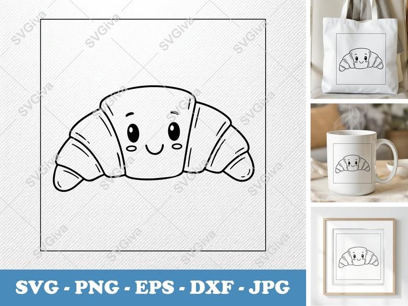 Croissant with Smiling Face SVG | Friendly Bean-Shaped Forms | PNG DXF EPS | Cricut Silhouette | Bakery Food Cut File